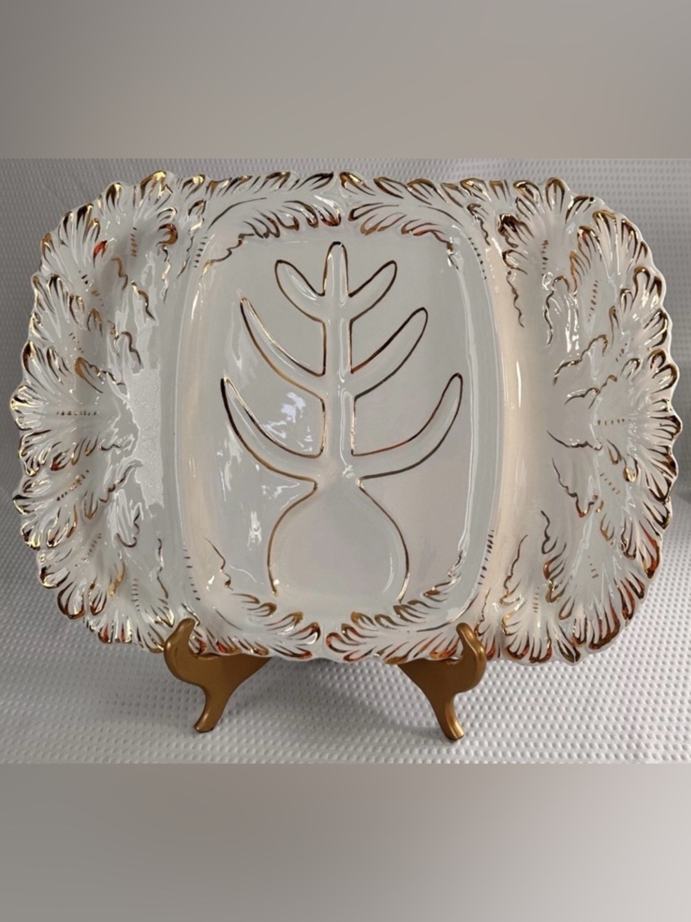 Vintage Italian 3 Section Ceramic White 22 Karat Gold Accents XL Serving Platter